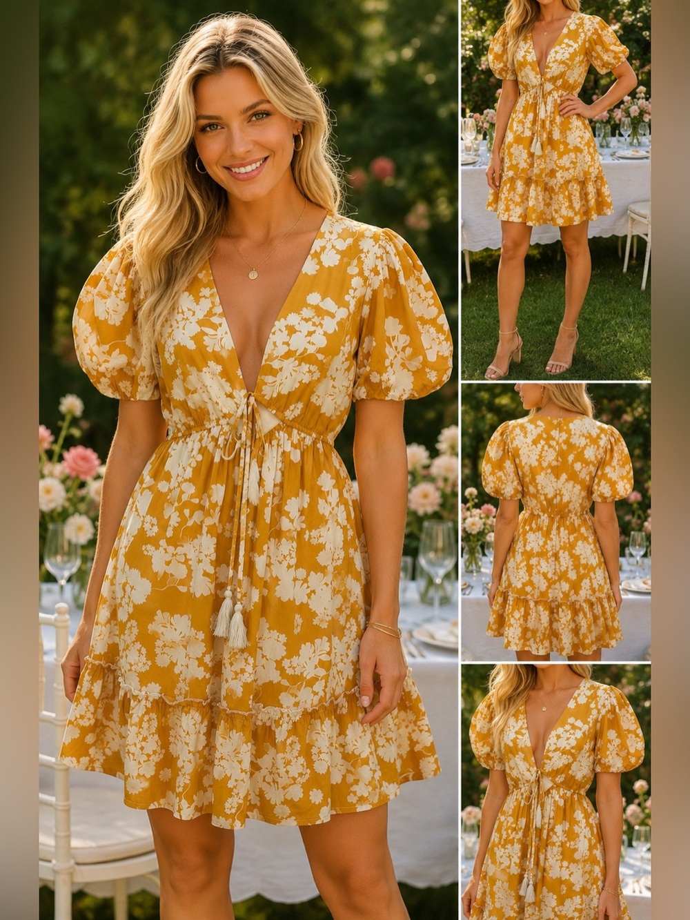 Mi Ami Francesca's Floral Mini Dress Puff Sleeve Cottagecore Boho Medium Garden
